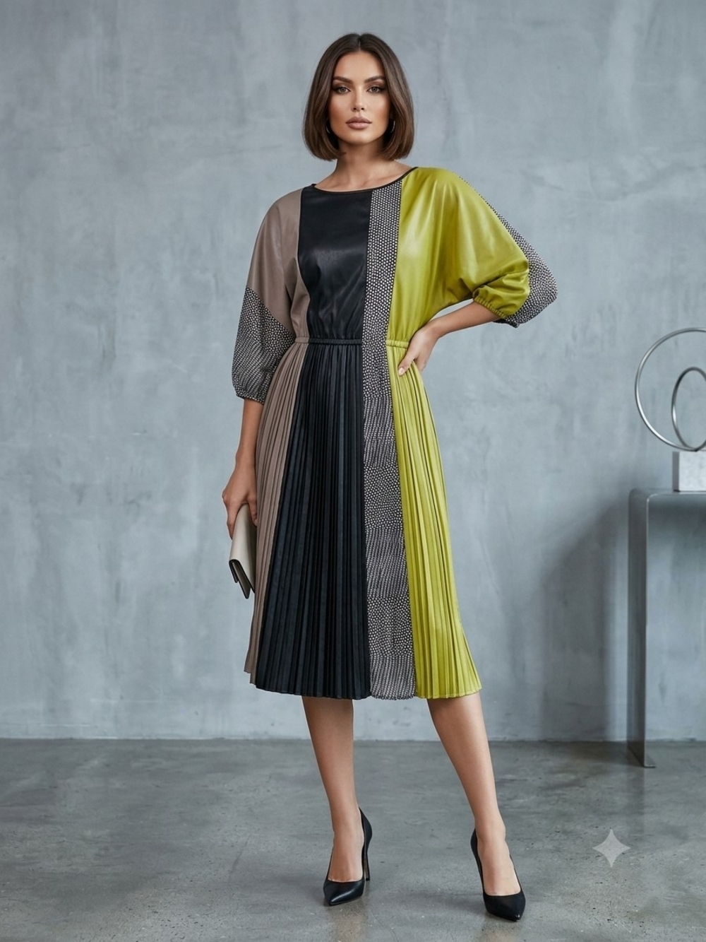 BCBGMaxAzria Colorblock Pleated Midi Dress in Black, Olive and Taupe